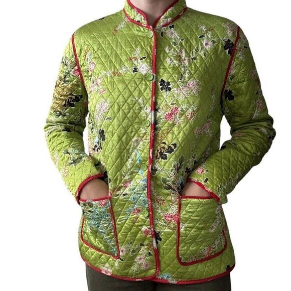 Vintage Y2K Womens 100% Silk Green Japanese Floral Chore Quilted Jacket Sz L - Picture 4 of 7